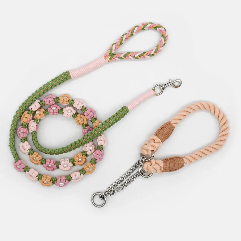 Handmade Braided Cotton Dog Leash with Floral Handle Durable Stylish weaving collar for Dogs Rainbow color pet leash with collar