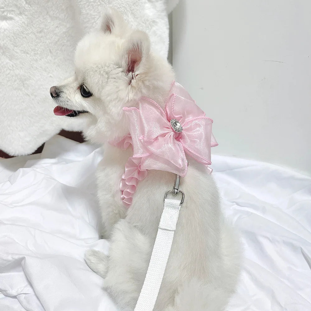 Korean Pink Pet Dog Cats Leash Lace Bowknot Harness Leashes Chihuahua Yorkshire Puppy Walking Rope Chain Pet Collars Harness