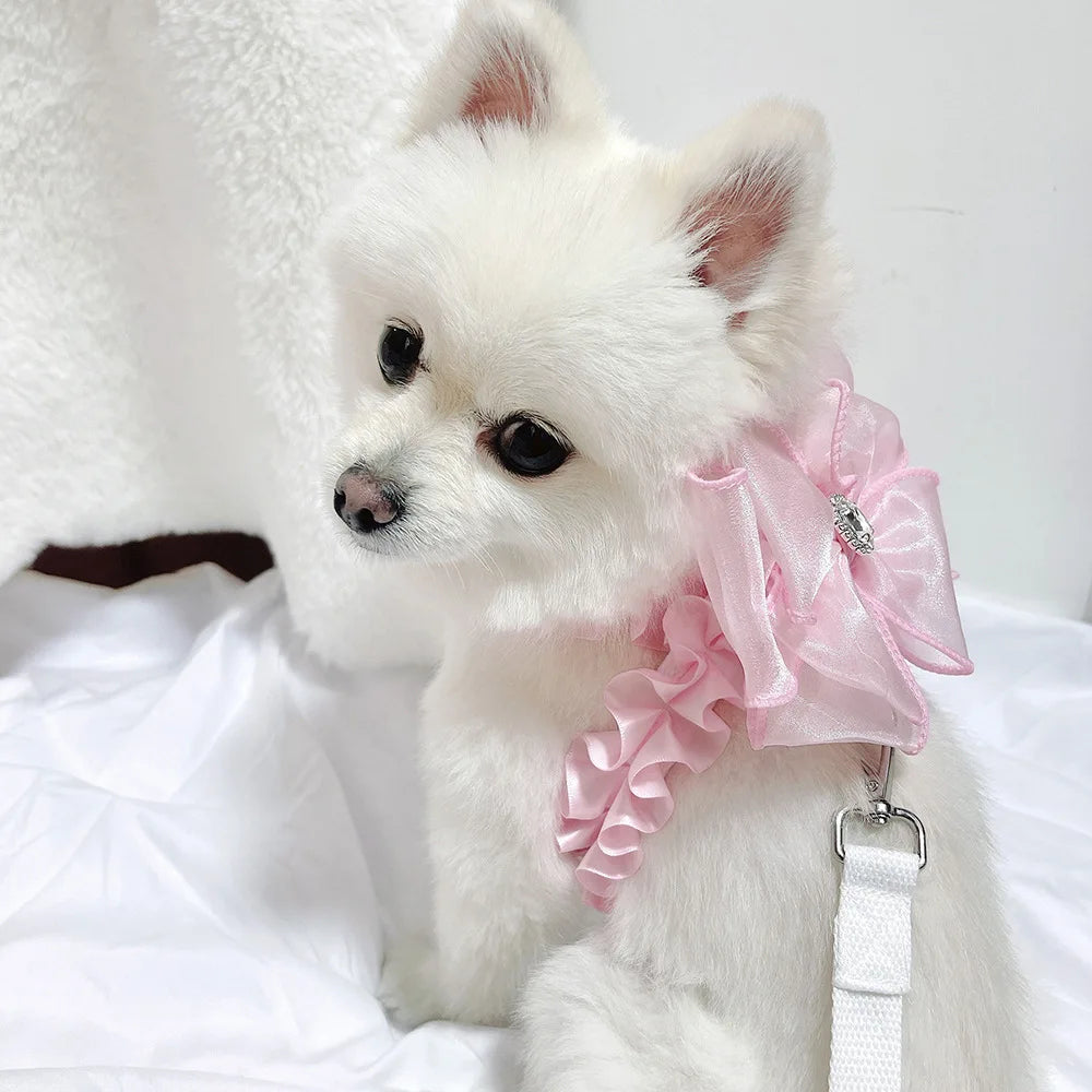 Korean Pink Pet Dog Cats Leash Lace Bowknot Harness Leashes Chihuahua Yorkshire Puppy Walking Rope Chain Pet Collars Harness
