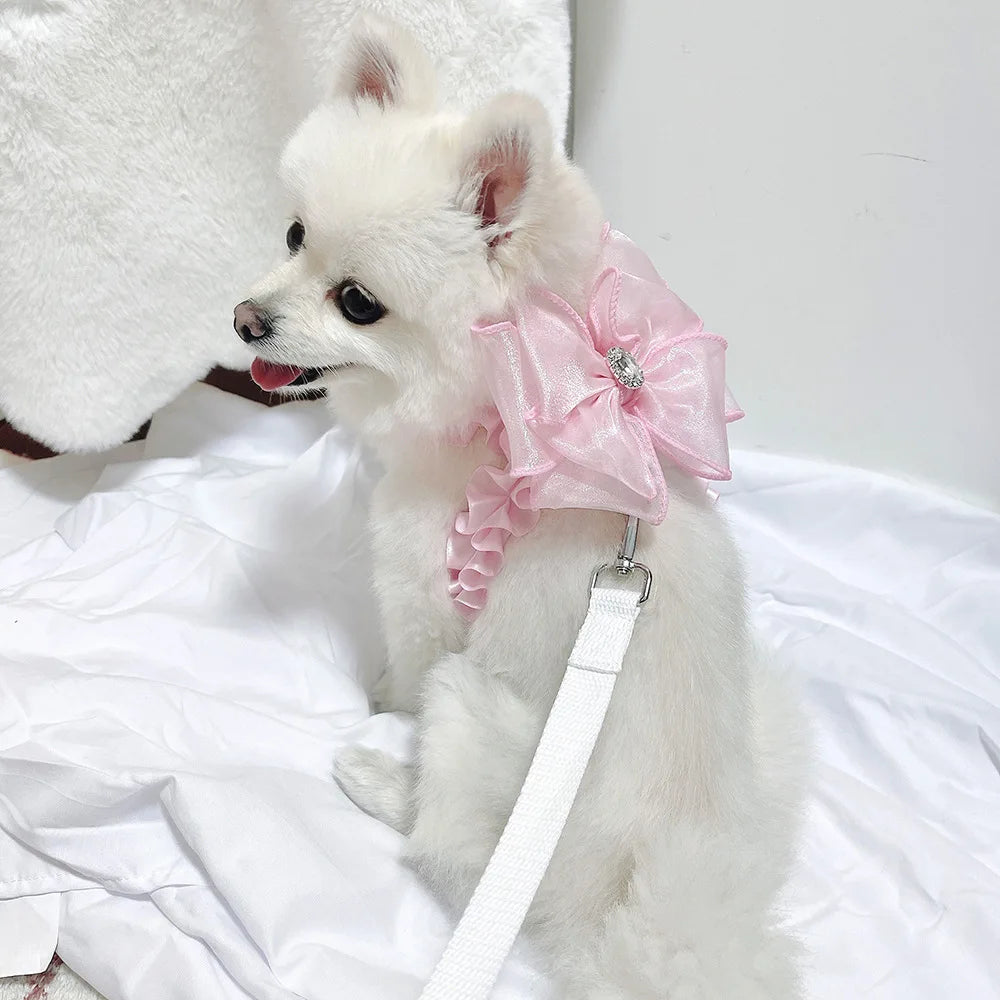 Korean Pink Pet Dog Cats Leash Lace Bowknot Harness Leashes Chihuahua Yorkshire Puppy Walking Rope Chain Pet Collars Harness