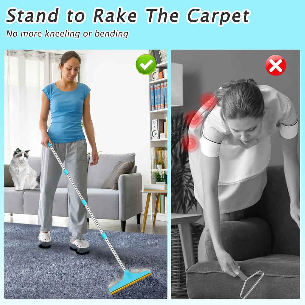 Adjustable Pet Hair Rake for Carpets and Rugs, 60" Long Handle with Patented Design, Reusable Dog Cat Hair Remover