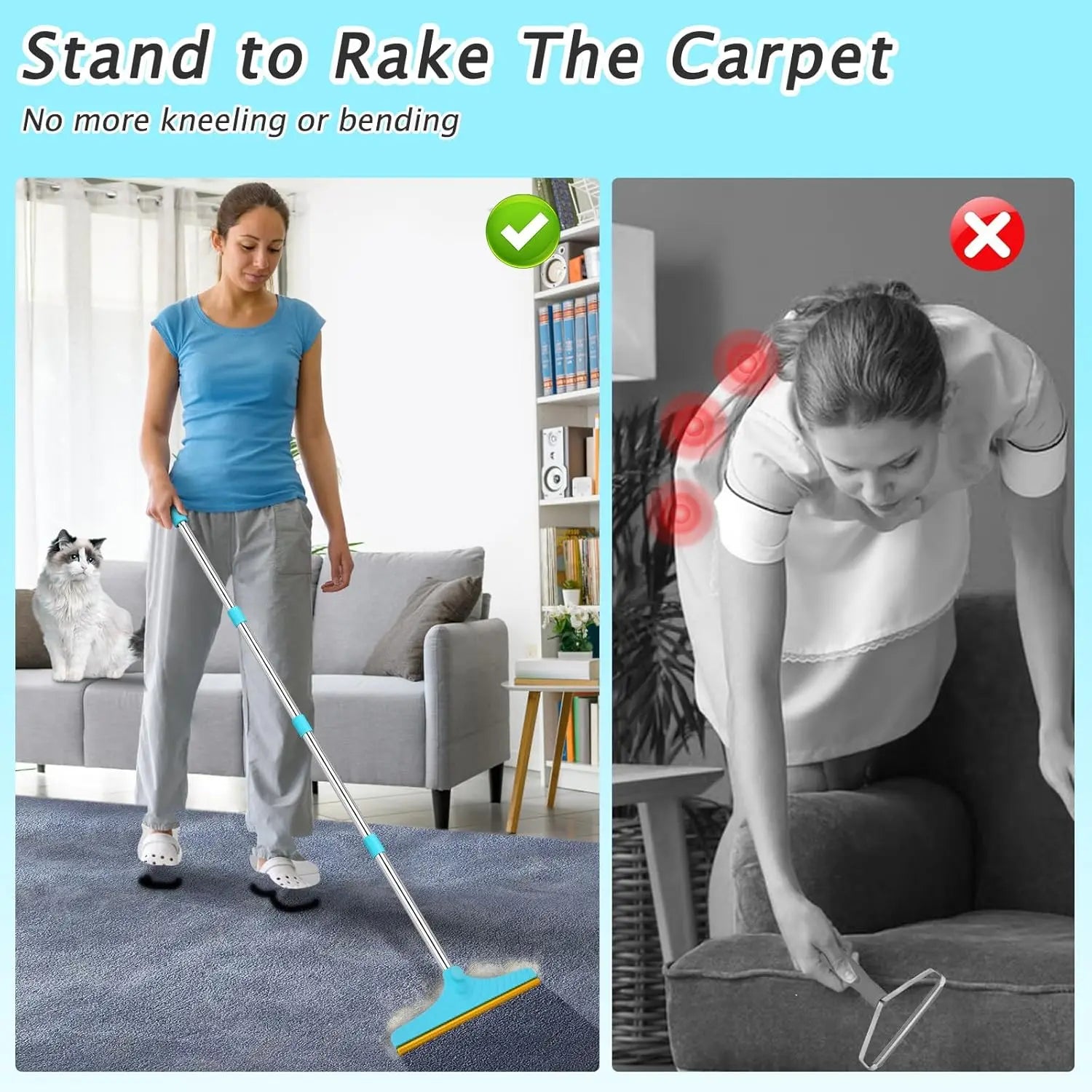 Adjustable Pet Hair Rake for Carpets and Rugs, 60" Long Handle with Patented Design, Reusable Dog Cat Hair Remover