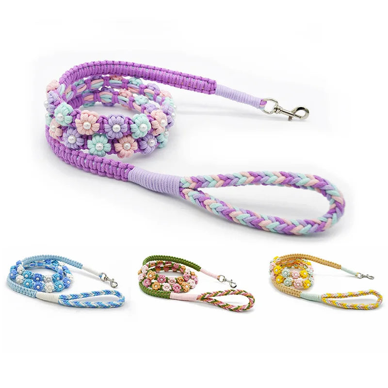 Handmade Braided Cotton Dog Leash with Floral Handle Durable Stylish weaving collar for Dogs Rainbow color pet leash with collar